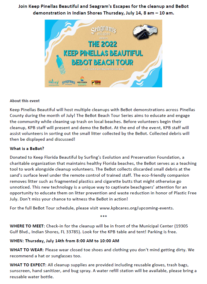 Keep Pinellas Beautiful Beach Cleanup and Bebot Beach Tour (PNG)
