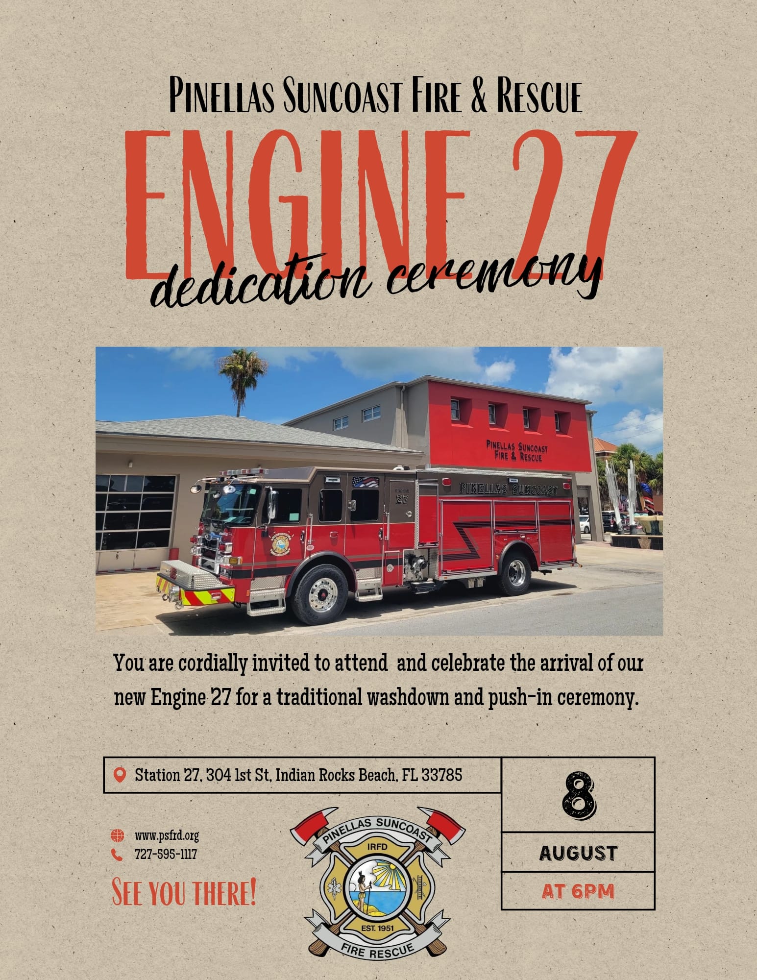 Pinellas Suncoast Fire & Rescue District Engine 27 Dedication Ceremony - August 8, 2024 flyer image